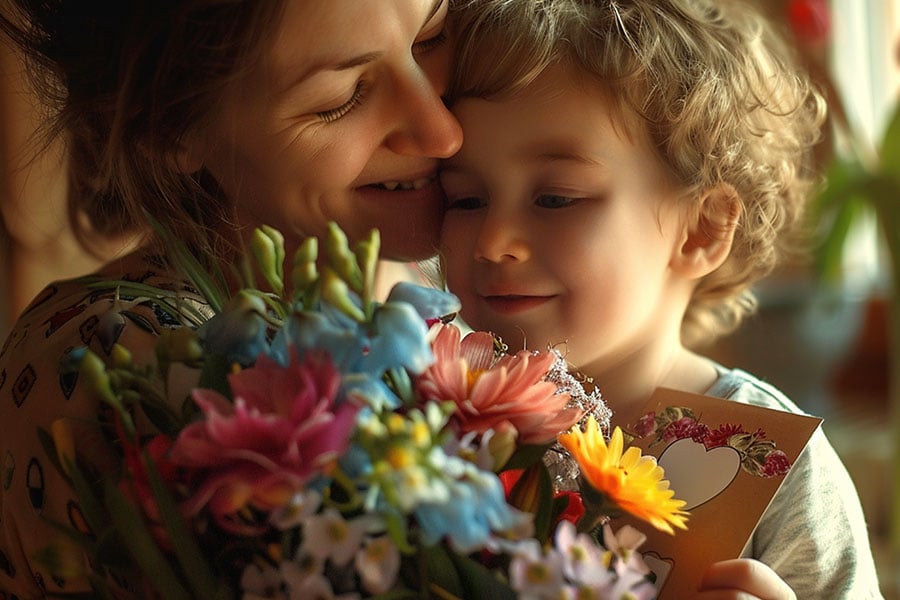 A mother with her daughter holding flowers